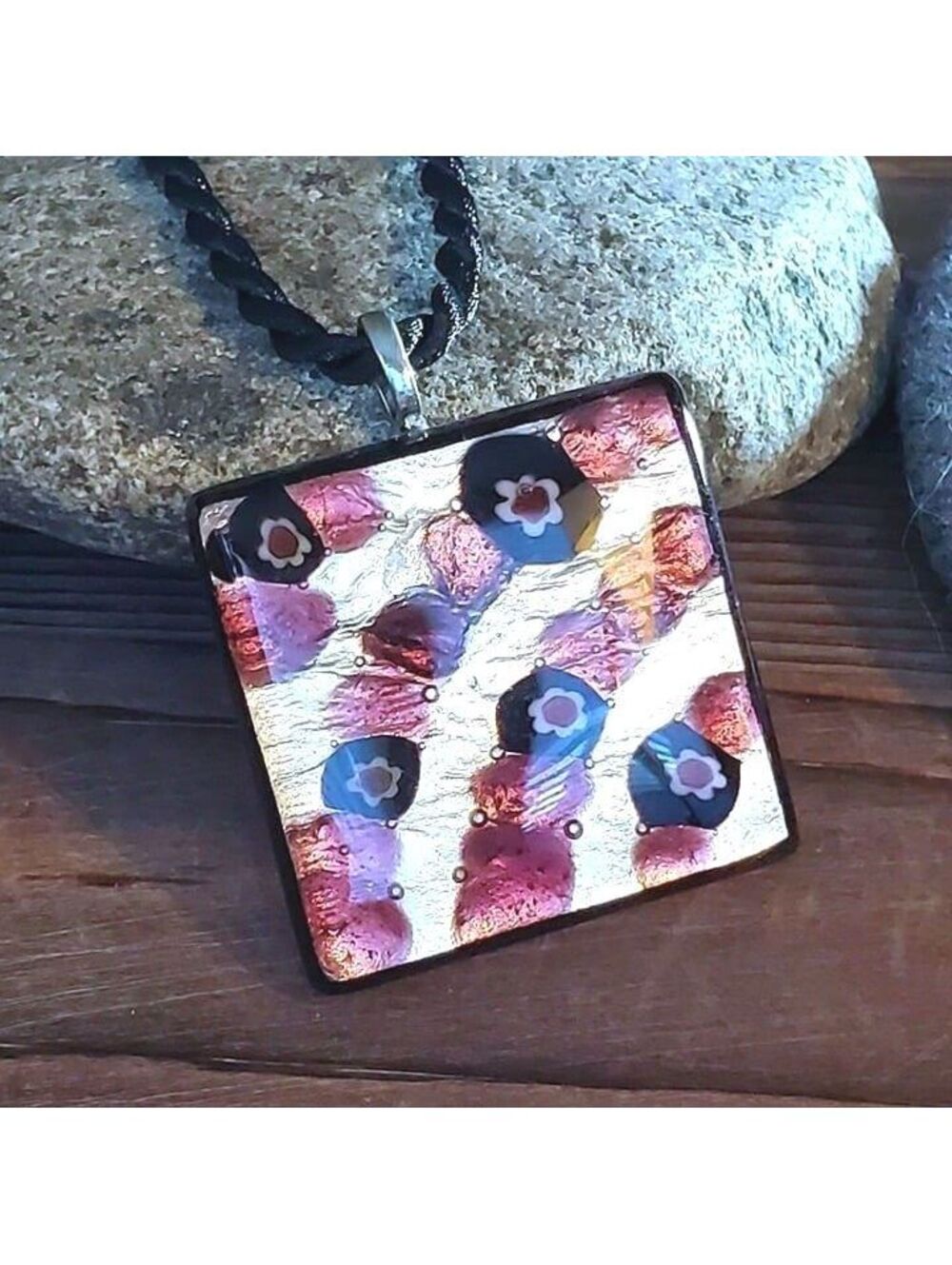 Handcrafted Artisan Purple Silver Fused Dichroic Art Glass Square Pendant Neckla